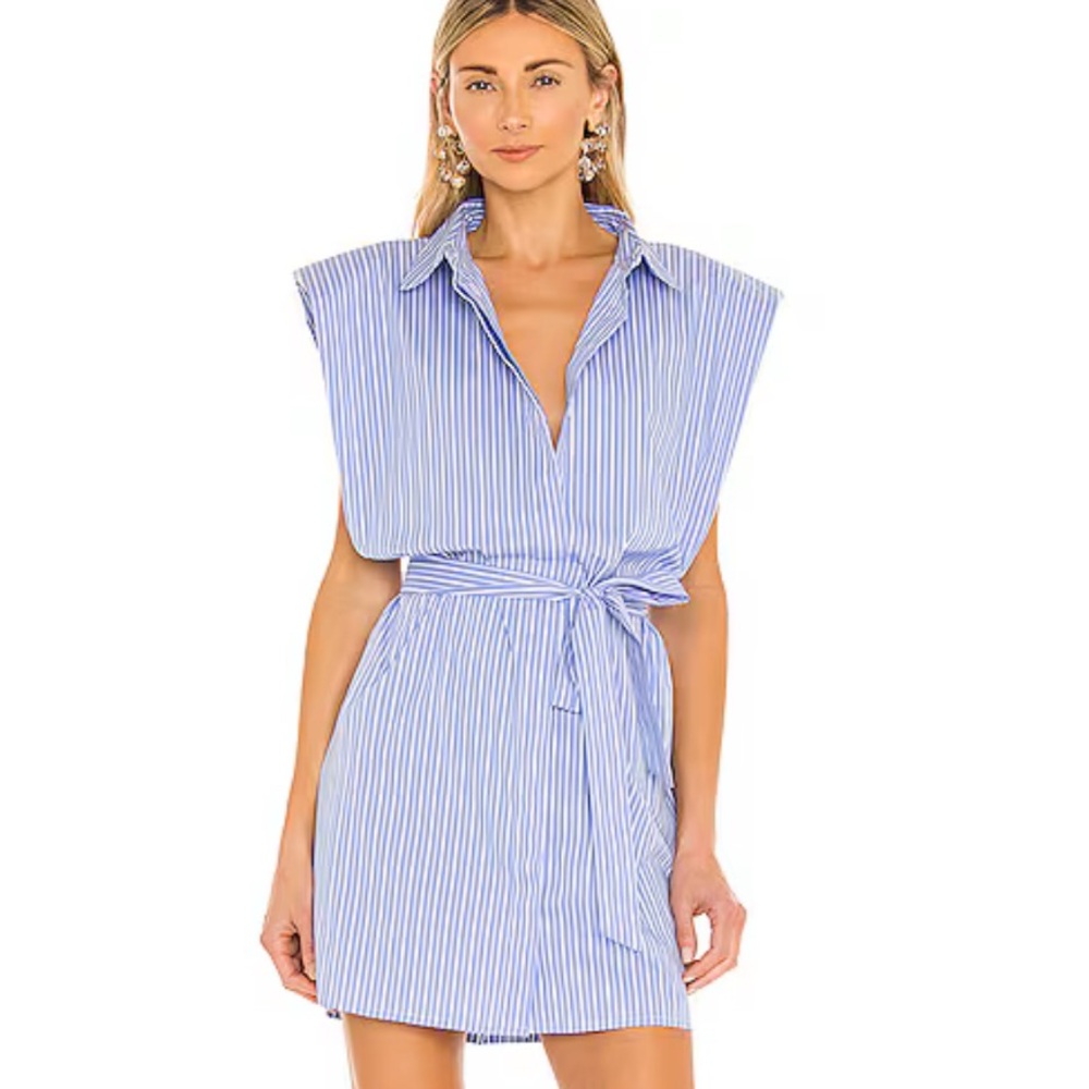 Blue Striped Shoulder Pad Shirt Dress